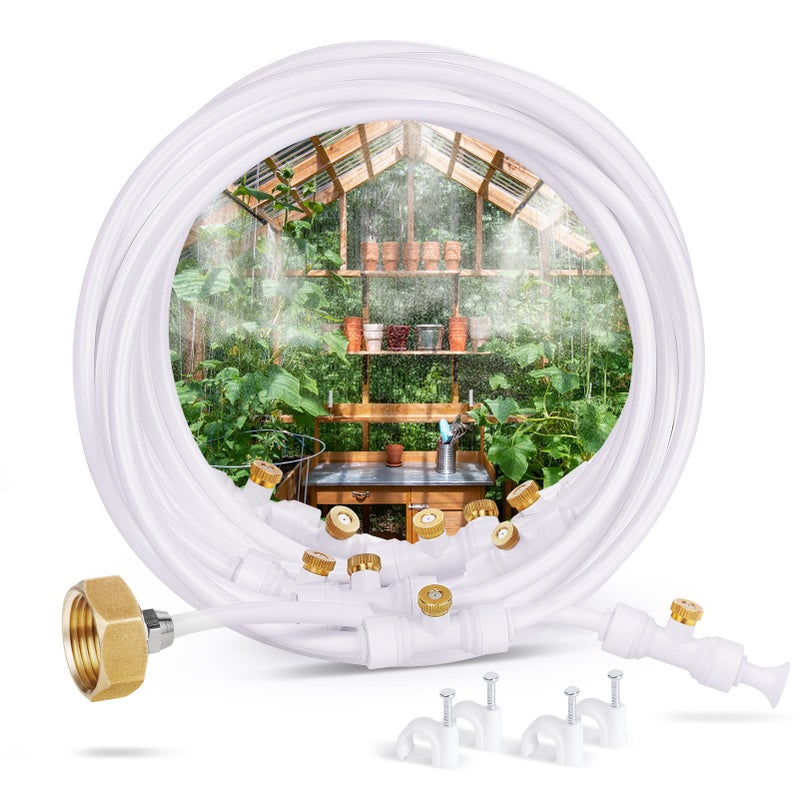 homenote Misting Cooling System, 59FT (18M) Misting Line + 16 Brass Mist Nozzles + Brass Adapter(3/4") Misters for Outside Patio Cooling Garden Greenhouse Watering - Image 1